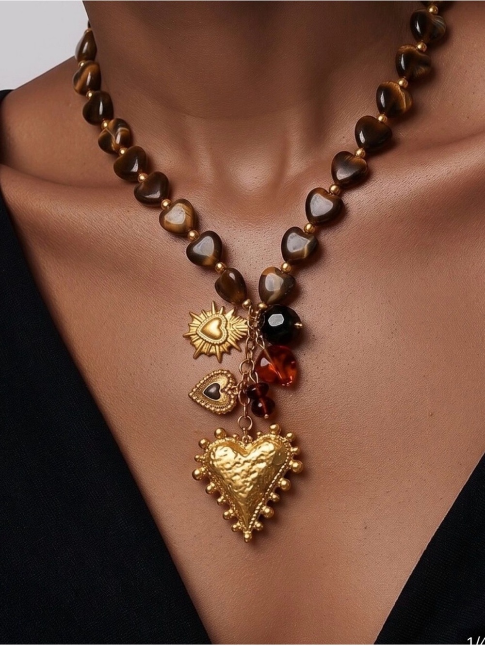 Dark brown tortoiseshell/amber-patterned resin with Gold Heart Charm Necklace